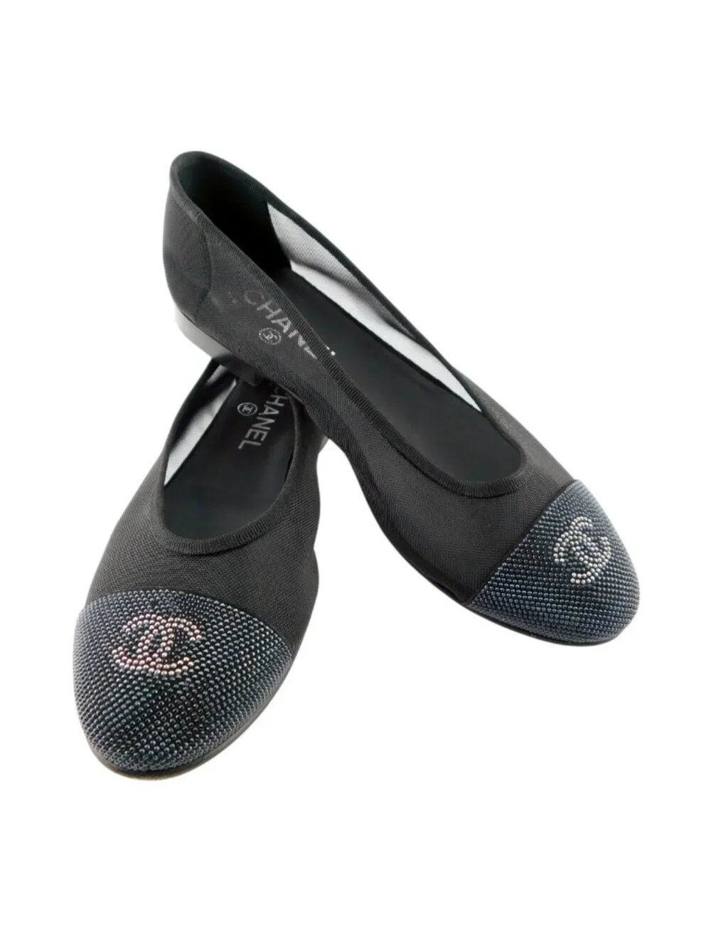 CHANEL Black Crystal CC Logo Cap Toe Mesh Suede Ballet Flats 37.5
